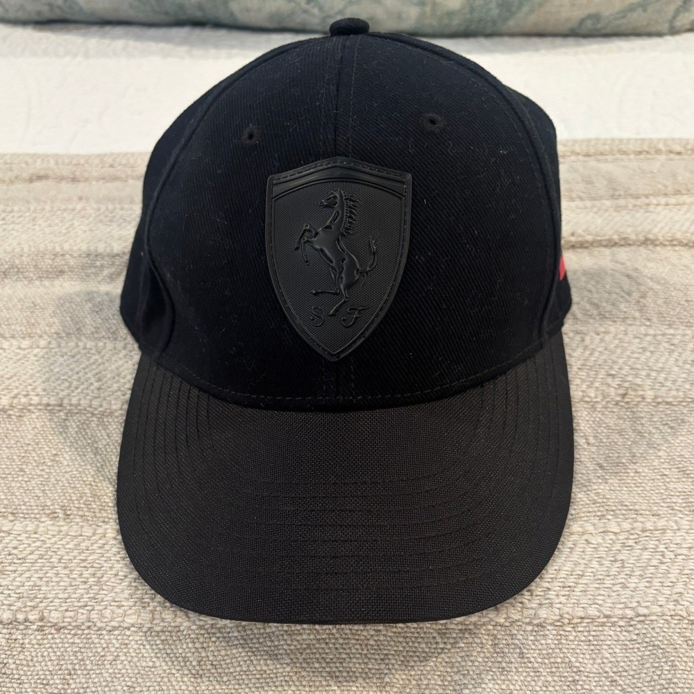 Puma Ferrari Scuderia Racing Hat Black Tonal 3D Shield Leather Strapback Cap EUC